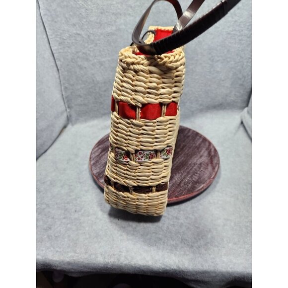 Woven Straw Tote Bag With Floral Accents & Red Lining - Picture 11 of 14